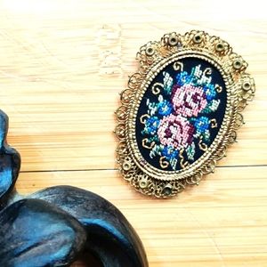 West Germany Vintage Floral Embroidered Brass Lace Framed Clip Brooch